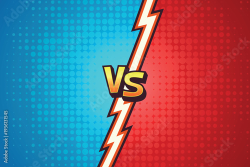 Comic Versus Vector Background. Versus Battle Screen. Versus vs Arena Split. Blue Red Halftone Divider. Game Competition Banner Template, Dynamic Fighting Poster Backdrop