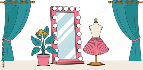 Feminine Vanity Room Illustration with Lighted Mirror Mannequin and Curtains Flat Vector Design