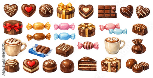 A charming watercolor collection of chocolate candies, chocolate bars, and hot cocoa for dessert illustrations and sweet treat design.