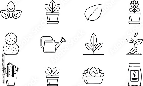 Gardening and Plant Care Outline Icon Set with Potted Plants Leaves Cactus Watering Can Flower and Fertilizer Bag Vector Collection