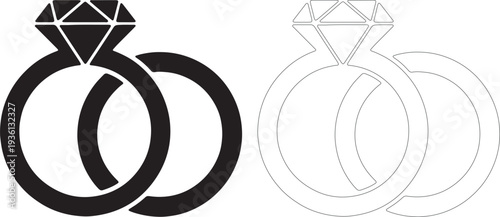 Two interlocking diamond rings black silhouette and outline