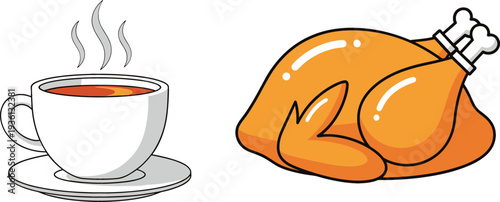 Hot Tea or Coffee Cup and Roasted Chicken Illustration for Restaurant Menu, Food Meal Concept and Delicious Cuisine Vector Design
