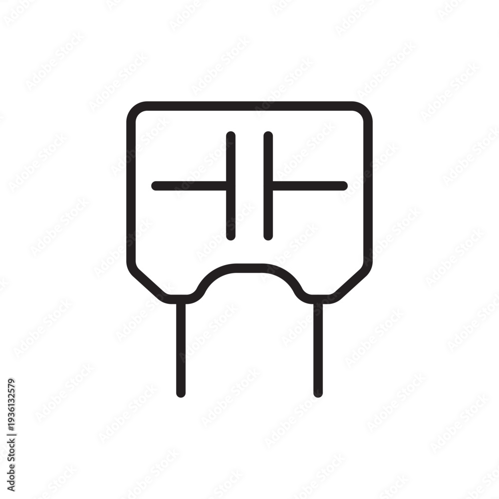 Obraz premium Non-polarized capacitor icon. A standard rectangular component body with parallel plates and dual terminal leads. Ideal for electronic circuit schematics, engineering diagrams, and technical projects.