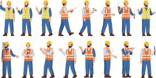 Construction worker characters set, builder with tools, engineer wearing safety helmet, industrial labor poses, builder mascot collection vector illustration