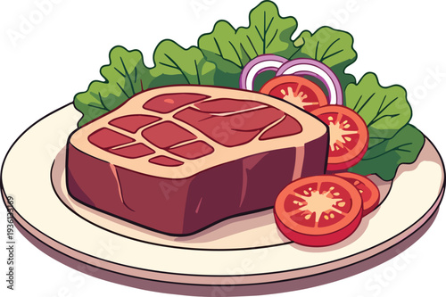 bistecca al sangue con insalata pomodori e cipolla  al piatto vettoriale 