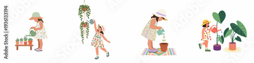 Cute little girls in floral dresses watering various potted plants, a charming collection of children's indoor gardening illustrations.