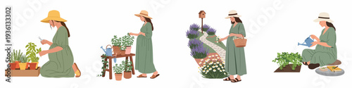 Set of illustrations depicting a woman enjoying various gardening activities: harvesting herbs, tending potted plants, collecting flowers, and watering her garden.