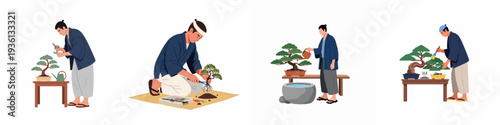 Japanese Bonsai Care and Cultivation: Illustrating Pruning, Repotting, Watering, and Grooming Techniques by Skilled Artisans.