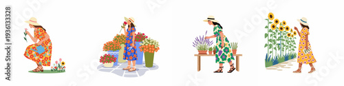 Joyful moments of women cultivating and admiring vibrant flowers and plants in various garden settings.