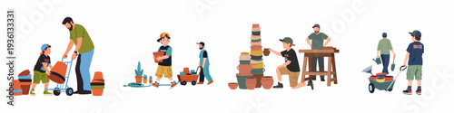 Diverse scenes of adults and children preparing and organizing various plant pots and gardening tools, showcasing a nursery or home gardening setup.