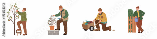 Senior men engaging in diverse gardening activities like pruning, planting, harvesting, and watering, showcasing an active outdoor lifestyle.