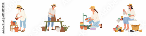 Woman cleaning and preparing terracotta pots for gardening. A step-by-step process of washing, scrubbing, and organizing various sized plant containers for new plants.
