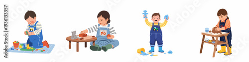 Four diverse illustrations of young children engaging in creative play with colorful modeling clay and dough, exploring artistic expression and development.