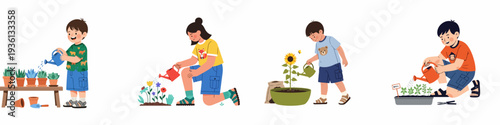 Young gardeners happily tending to plants, flowers, and seedlings, fostering a love for nature and green hobbies.