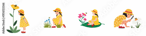 Curious little girl in yellow dress exploring nature, observing bees and flowers with a watering can and magnifying glass, discovering the wonders of spring.