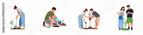 Illustrations of individuals and a couple planting and watering trees, fostering environmental care, green initiatives, and community involvement.