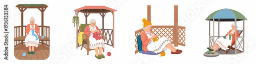 Elderly women knitting in gazebos, enjoying a serene outdoor hobby and comfortable retirement, vector illustration set.
