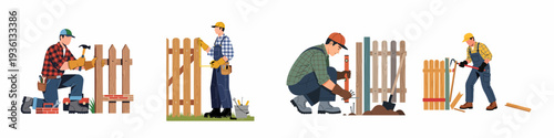 Men building, measuring, installing, and repairing wooden fences, showcasing various stages of outdoor property maintenance and construction work.