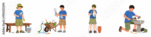 Boys engaged in various gardening chores, cleaning tools, preparing pots, and washing garden features, illustrating outdoor tasks and helpful kids.