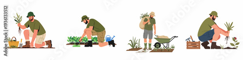 Man Gardening Activities: Planting, Weeding, Harvesting, and Tending to Plants in Various Outdoor Scenes.