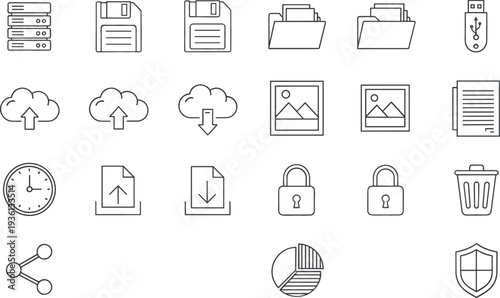 Cloud Storage and File Management Outline Icon Set with Server Folder USB Upload Download Security and Data System Vector Collection