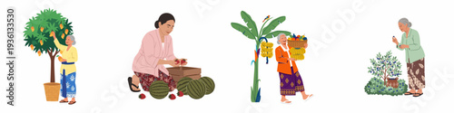 Diverse scenes of women harvesting a variety of fresh fruits including mangoes, watermelons, bananas, and blueberries, showcasing traditional agricultural practices and healthy eating.