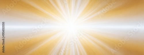 Fundo abstrato dourado com explosão de luz branca central e raios brilhantes, efeito de energia radiante.