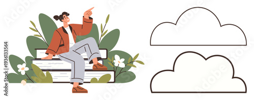 Education, creativity, design templates, nature , personal growth, thought inspiration. A woman sitting on books among greenery pointing upward. Education and creativity ideas in a conceptual setting