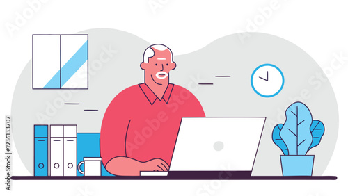 A senior man with a white beard wearing a red shirt uses a laptop at a desk with blue binders, a white mug, and a large blue plant.