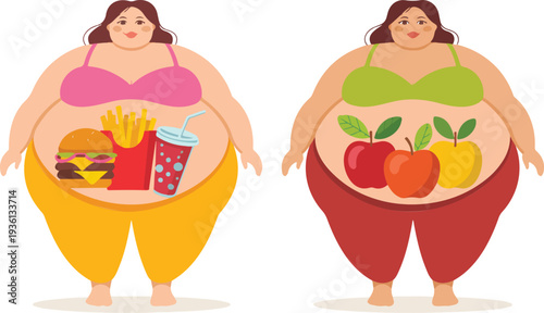 Plus Size Women Comparing Fast Food and Fruit Diet Concept Flat Cartoon Vector Illustration