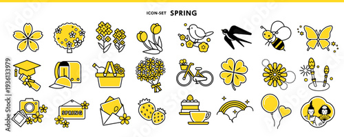 春のカラフルアイコンセット｜花・入学・卒業・いちご・自転車・蜂｜フラットベクター素材