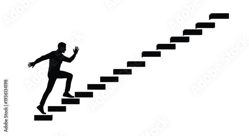 Illustration of a black silhouette of a person running up a staircase that extends upwards to the right
