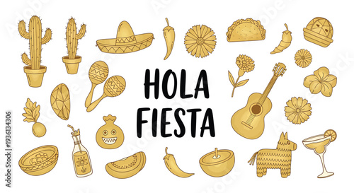 Illustration of a vibrant collection of festive mexican icons and objects for hola fiesta celebration