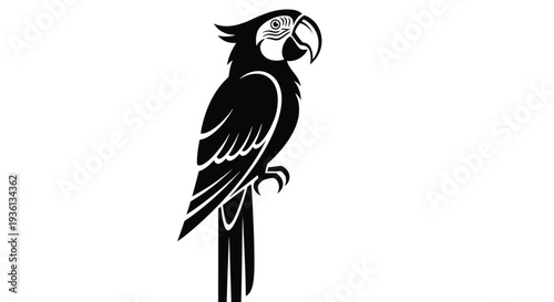 Illustration of a black silhouette of a parrot perched on a pole, , showcasing its distinctive beak and feathers in a striking profile view