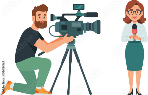 Professional TV Interview Scene with Cameraman Filming Female Reporter Flat Vector Illustration
