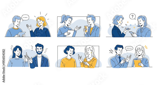 Illustration of a comic strip illustration of people talking and using their phones in various scenarios