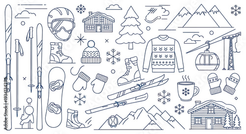 Illustration of a blue line drawing of various winter sports and vacation related items including skis, ski lift, mountains, snowflakes, and winter clothing