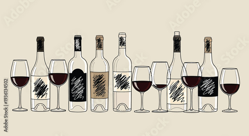 Illustration of a collection of wine bottles and glasses on a beige background with black and white illustrations
