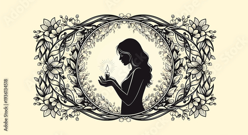 Illustration of a black silhouette of a woman holding a candle surrounded by a floral wreath on a pale yellow background