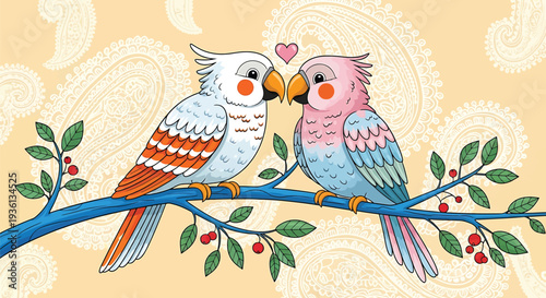 Illustration of two colorful birds sitting on a branch with leaves and berries on a yellow background with white paisley designs