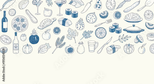 Illustration of a blue and white illustration of various food and drink icons on a including wine glasses bottles fruits and utensils