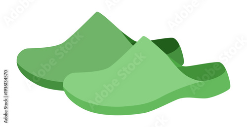 Green house clog sandal shoe women flat pair. One piece rubber slipper for garden walk hotel spa. Technical fashion illustration CAD mockup soft vector man unisex isolated contemporary style.