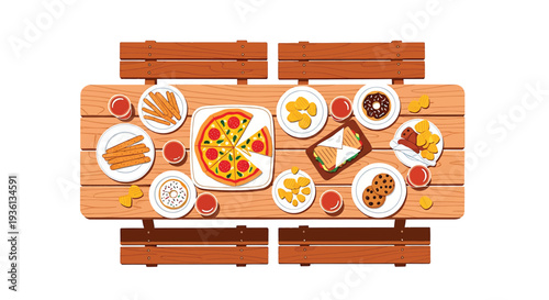 Illustration of a wooden picnic table with a variety of food on plates including pizza, wings, and desserts