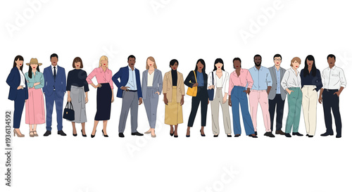 Illustration of diverse group of business people standing in a row with various professions and ethnicities