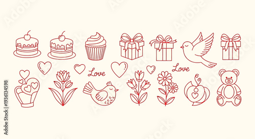 Illustration of collection of cute romantic line icons for valentines day or wedding, including gifts, cake, hearts, flowers, and teddy bear on beige background