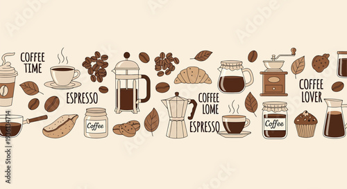 Illustration of a collection of coffee related items including cups mugs beans and equipment on a beige background