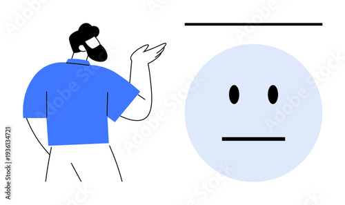 Emotional intelligence, human interaction, communication skills, non-verbal cues, self-awareness, social connection. Man gesturing toward a neutral face symbol. Emotional intelligence