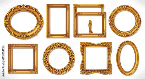 Illustration of collection of various ornate gold picture frames for photography and decoration purposes