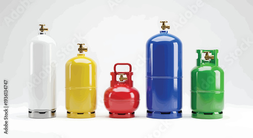 Illustration of colorful gas cylinders in white, yellow, red, blue, and green