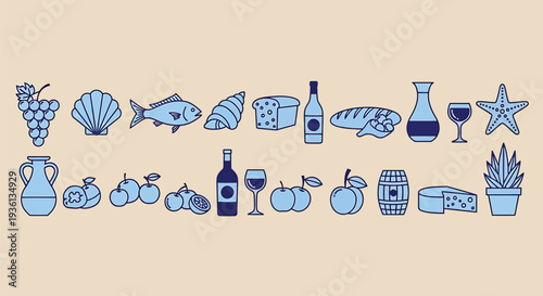 Illustration of collection of various food and drink icons in blue hues on beige background